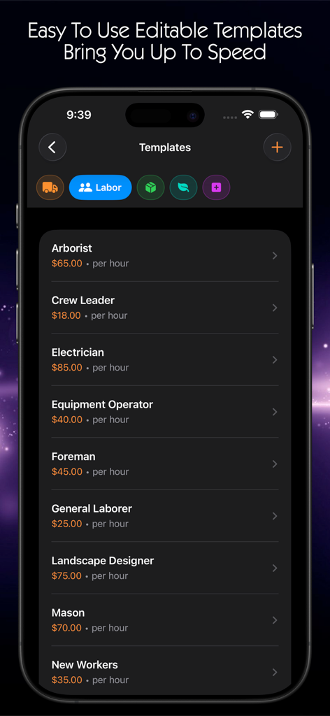 Paving Estimator - Paving Estimator app screen showing customizable labor rate templates for various construction roles