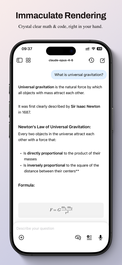 OneChats AI - La aplicación One Chats AI demuestra la renderización precisa de LaTeX de una fórmula física en una pantalla móvil.