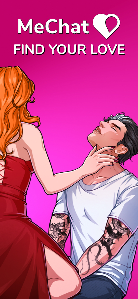 A woman in a red dress caressing a tattooed man's face on a pink background with the MeChat app logo and text Find Your Love.