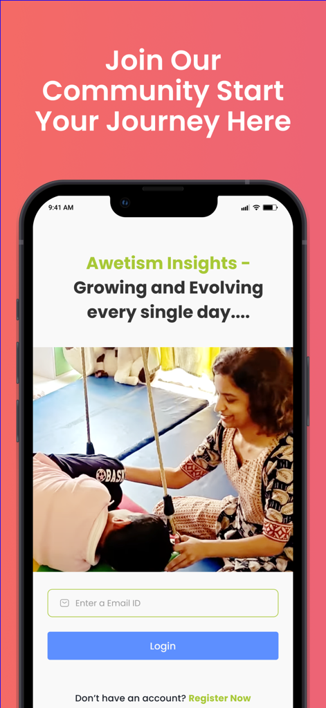 Awetism Insights - Login screen for Awetism Insights app featuring a therapist working with a child and a call to join the community.