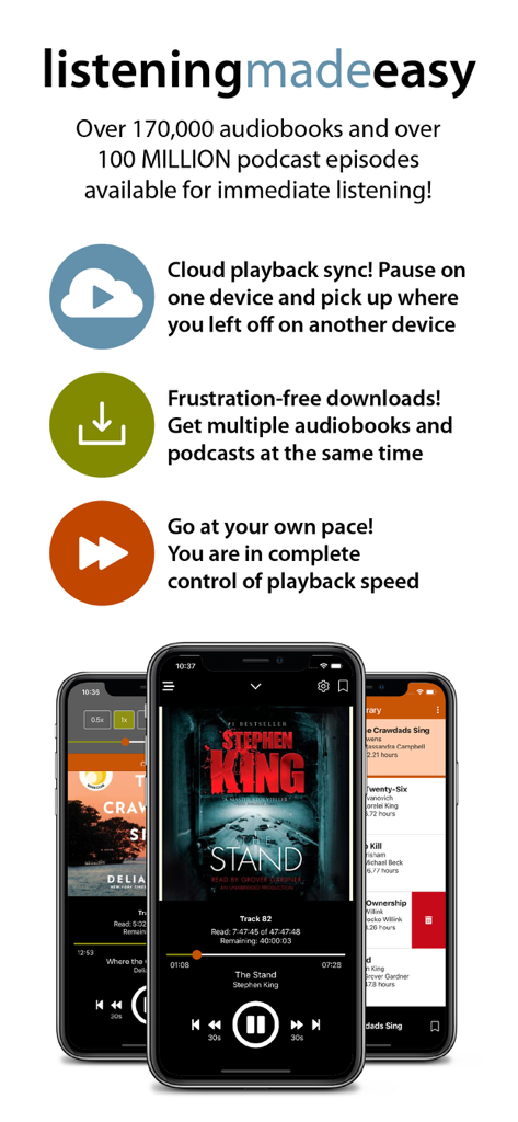 Promotional graphic for the AudiobookSTORE app showcasing cloud playback sync, fast downloads, and playback speed control on three mobile device screens.
