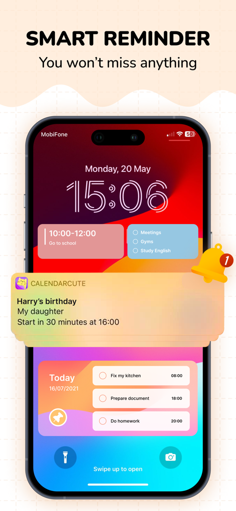 iPhone lock screen displaying colorful calendar widgets and a smart birthday reminder notification from the Cute Calendar app.
