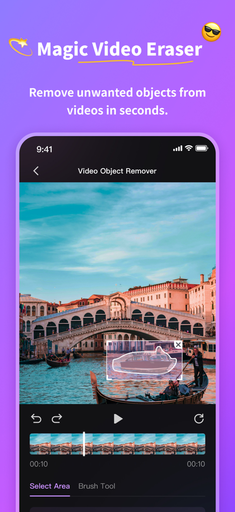 AniEraser app interface showing the video object remover tool being used to select and erase a boat from a travel video