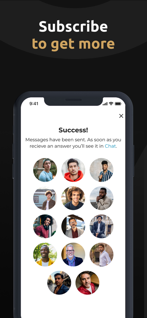 GuysOnly app interface showing a success message after sending messages to multiple diverse male profiles.