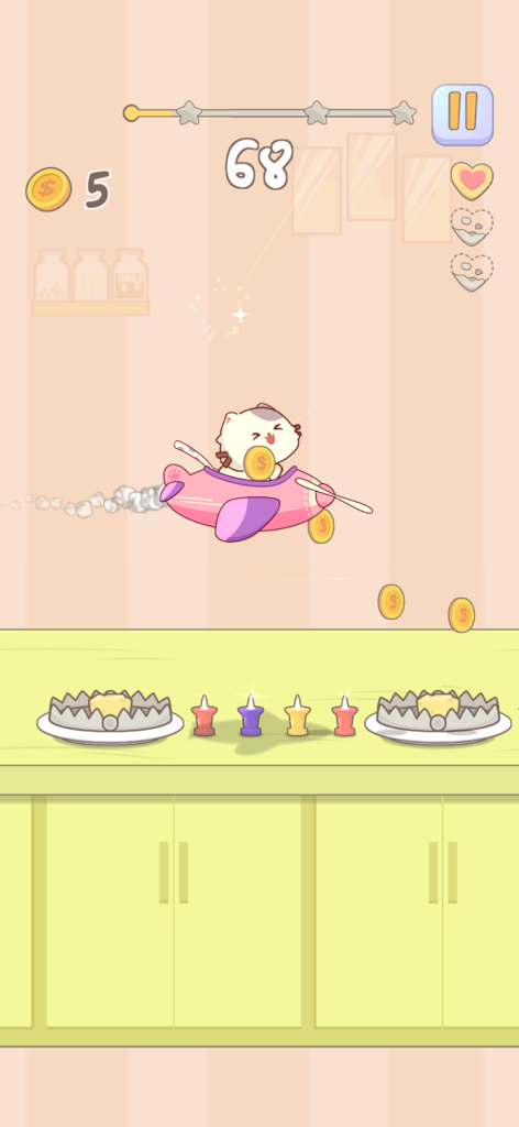 Infinity Cats - Un lindo gato de dibujos animados volando un avión rosa y recogiendo monedas en un nivel de juego de ritmo
