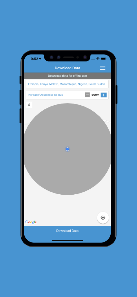 Interfaz de la aplicación Madzi Alipo que muestra la opción de descargar datos de pozos para uso sin conexión con una selección de radio en un mapa.