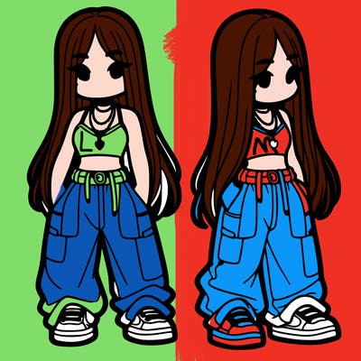 girl in baggy pants crop top and long hair