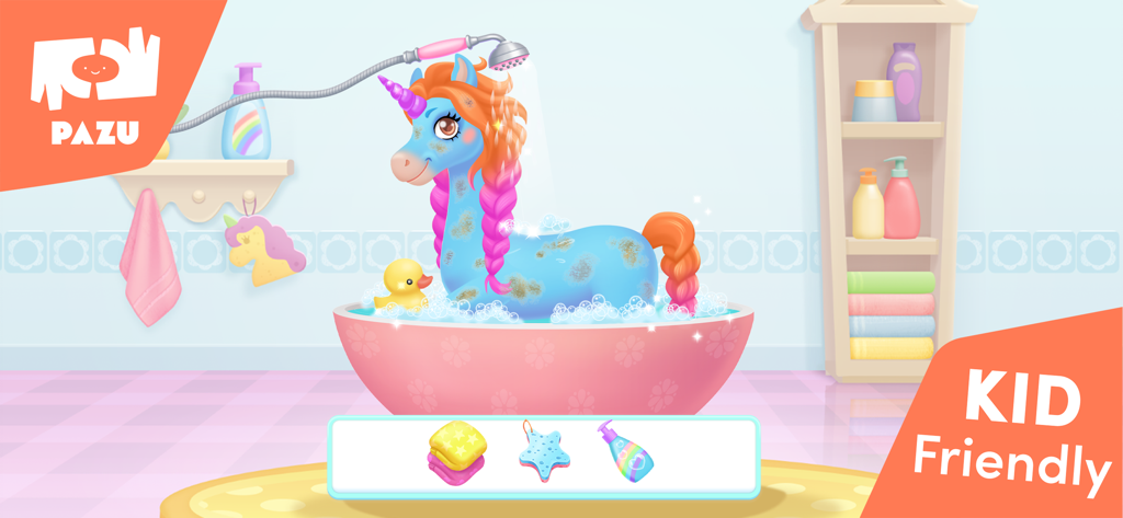 My Unicorn dress up for kids - A blue unicorn being washed with bubbles in a pink bathtub