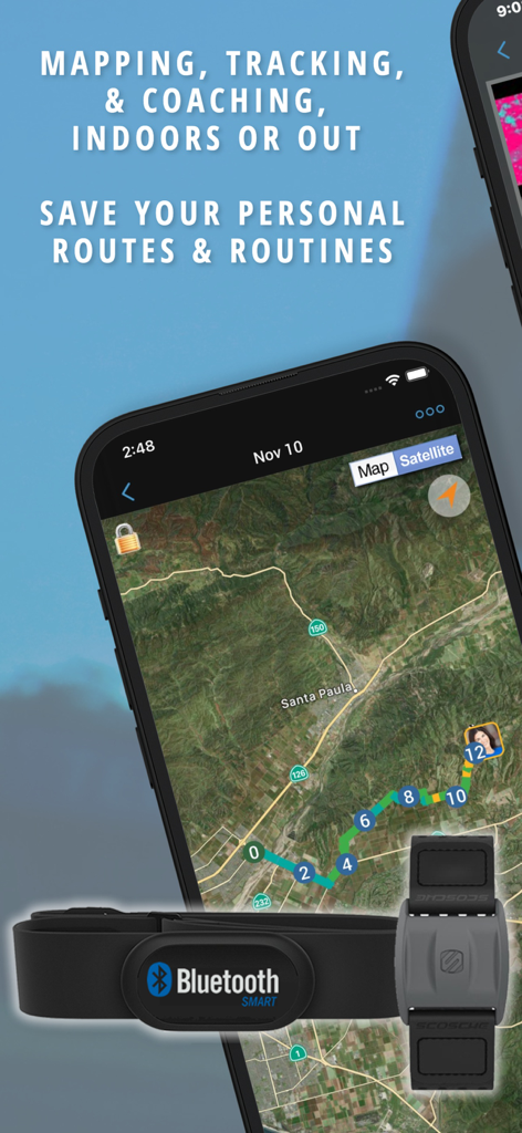 iCardio Workout Tracker - Smartphone displaying a workout route on a satellite map in the iCardio app with heart rate sensors.
