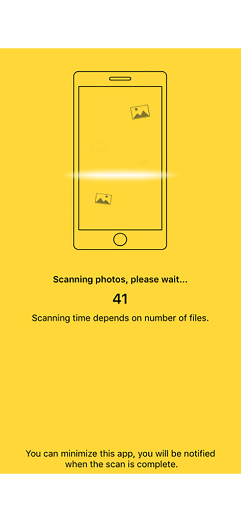Remo Duplicate Photos Remover app scanning screen with a progress counter on a yellow background.