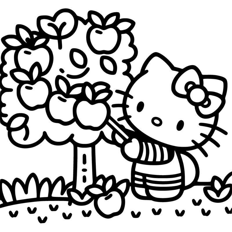 hello kitty picking apples off a tree