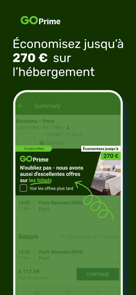 Go Voyages: Vols Pas Chers - Capture d'écran de l'application Go Voyages montrant une promotion GO Prime offrant jusqu'à 270 euros d'économies sur les réservations d'hôtel lors d'un résumé de voyage