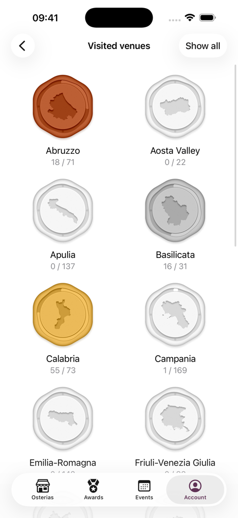 Bildschirm für besuchte Orte in der Osterie d'Italia App, der regionale Leistungsauszeichnungen für Italien zeigt.