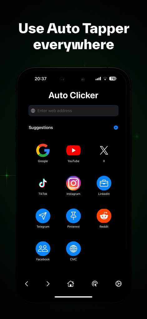 Auto Clicker: Tapper - Interfaz de la aplicación Auto Clicker que muestra iconos de acceso directo para sitios web populares de redes sociales y búsqueda