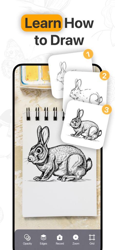 Smartphone screen showing an AR drawing tutorial for a rabbit sketch