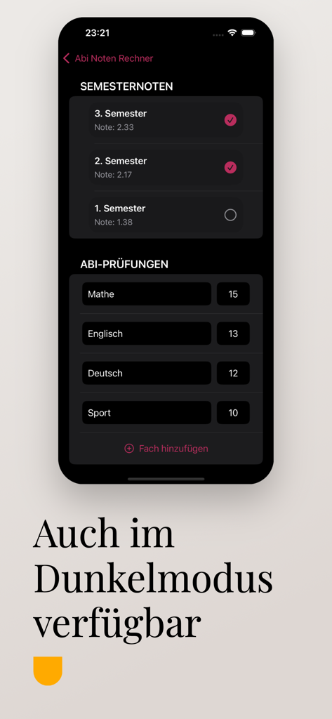 Abi Noten Rechner - Abi Noten Rechner App Dark Mode-Oberfläche, die Semesternoten und Prüfungsergebnisse anzeigt