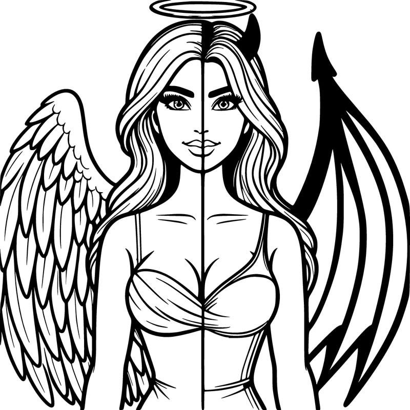 a realistic female cross between an angel and devil