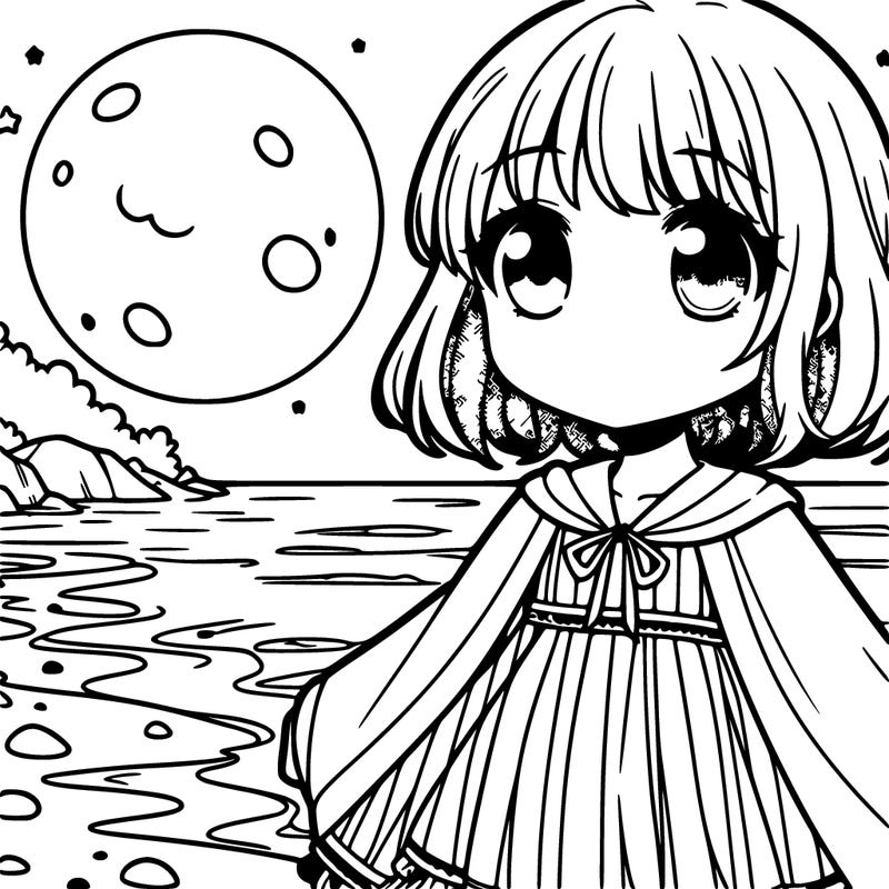 manga character, girl, on moonlit beach