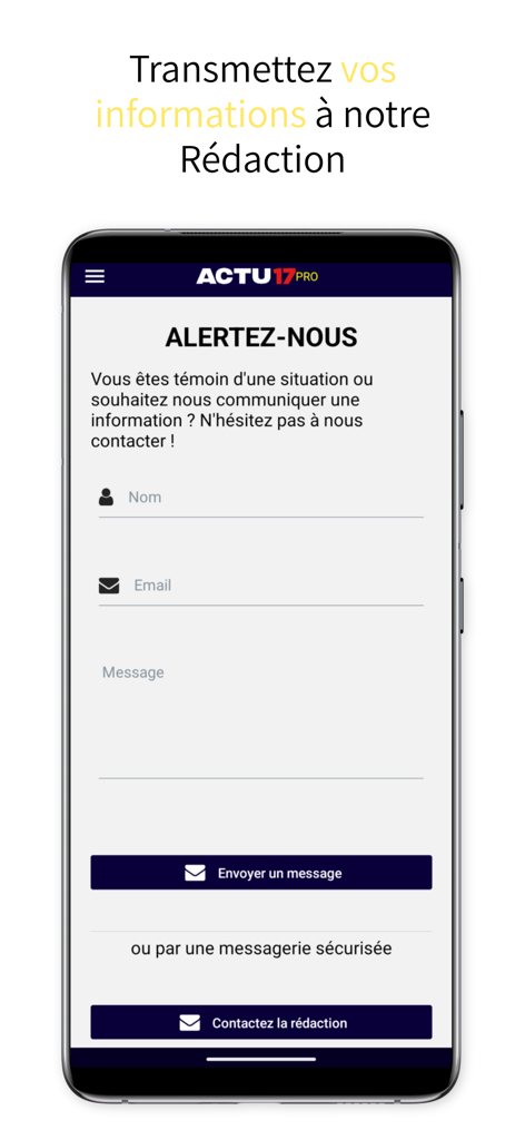 Screenshot of the Actu17 app showing a contact form for users to send news tips and information to the editorial team