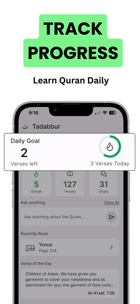 Tadabbur: Quran Journaling - Screenshot of the Tadabbur app showing daily Quran reading goals progress and streak tracking