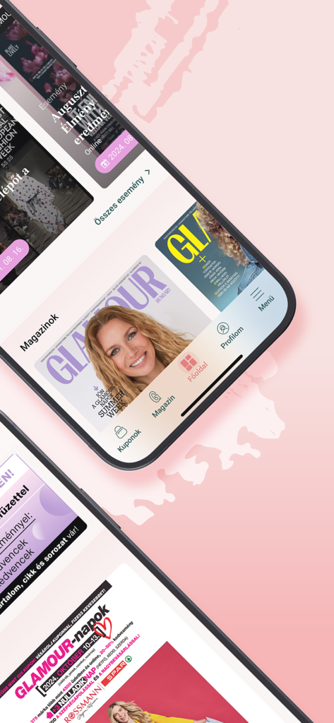 Interface of the GLAMOUR Hungary app displaying digital magazines and shopping coupons.
