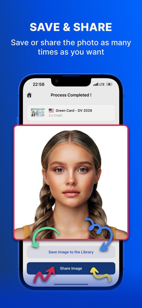 Green Card Visa AI Photo Maker - Pantalla de guardar y compartir de la aplicación Creador de Fotos IA para Visa Green Card que muestra una foto biométrica procesada de 2x2 pulgadas.