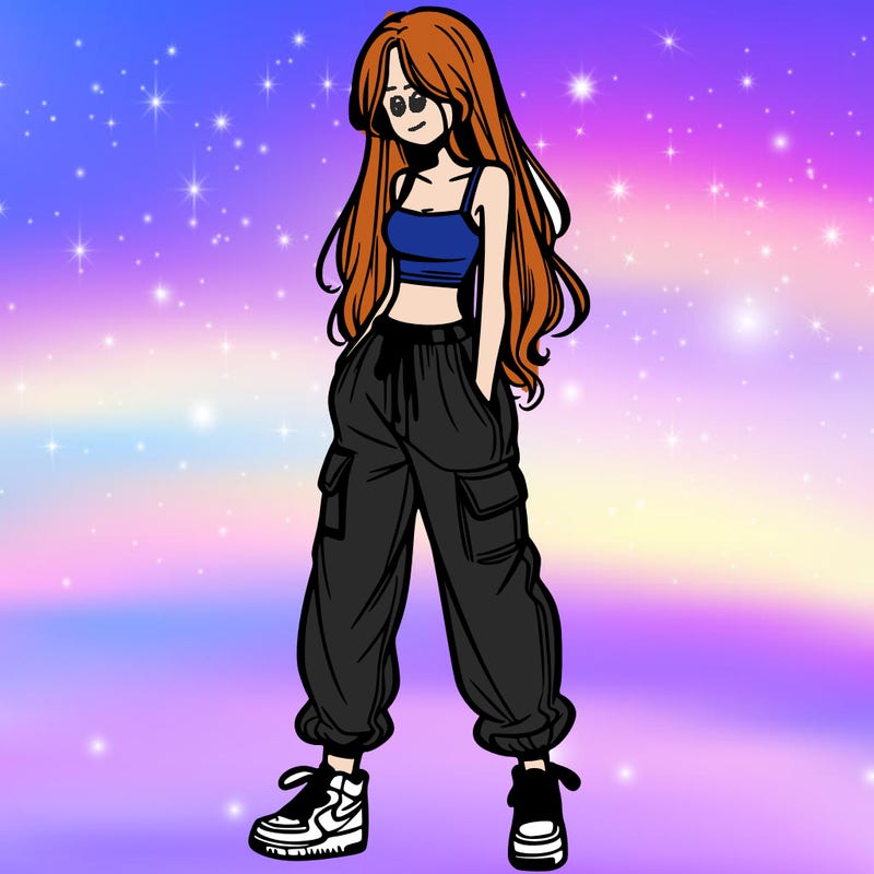 girl in baggy pants crop top and long hair