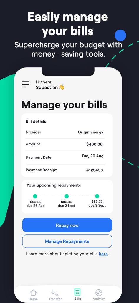 Wagetap: Instant Cash Advance - A mobile app interface from Wagetap showing bill management details for an energy bill with a split repayment schedule.