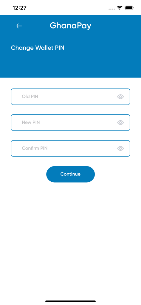 GhanaPay Customer - Interface of GhanaPay app to update wallet PIN security settings
