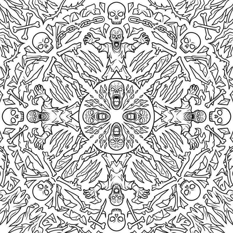 Explore a truly unique coloring challenge with this Screamer Zombies Mandala. This intricate design combines the geometric beauty of a mandala with chilling horror elements, promising an unforgettable creative escape.