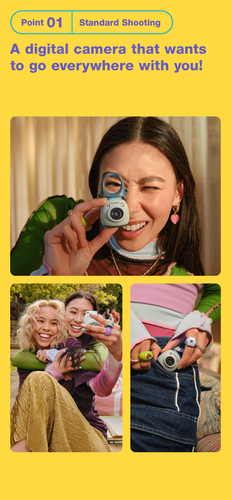 INSTAX Pal - Young women using the compact INSTAX Pal digital camera in social settings.