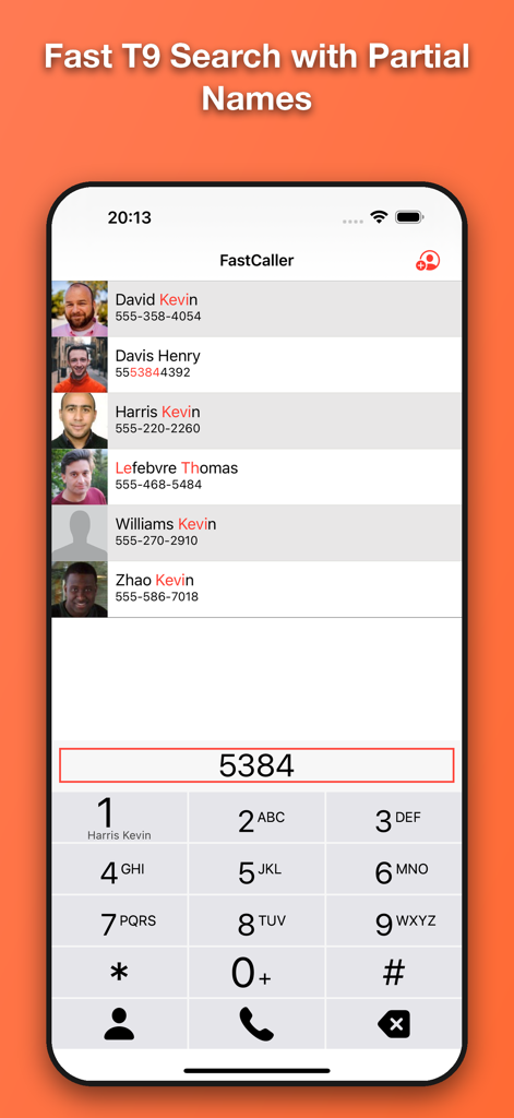 FastCaller - FastCaller app screenshot showing a T9 dialer and contact search results with partial name matching