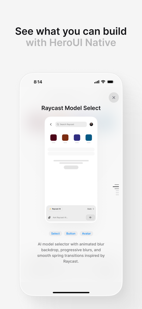HeroUI Native - HeroUI Native app showcase demonstrating a Raycast-inspired AI model selector component with blurred backdrops and smooth transitions