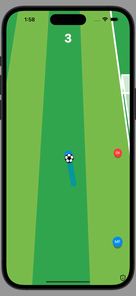 Striker!! - Top down view of minimalist soccer gameplay featuring players represented by colored circles and a soccer ball on a green field