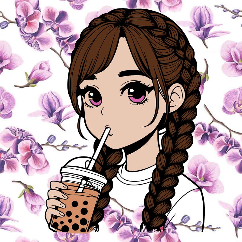realistic girl with braided hair drinking boba