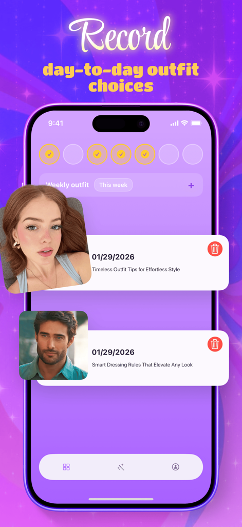 Rini app interface displaying daily outfit records and a weekly check in system for tracking personal style