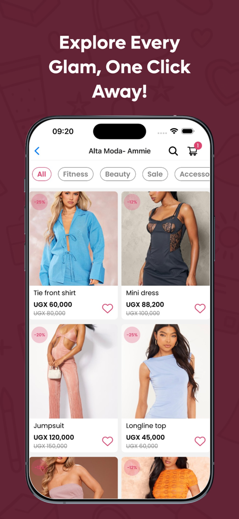 Glam n' Go - Glam n Go mobile app screen featuring a variety of women's fashion items with prices and discounts