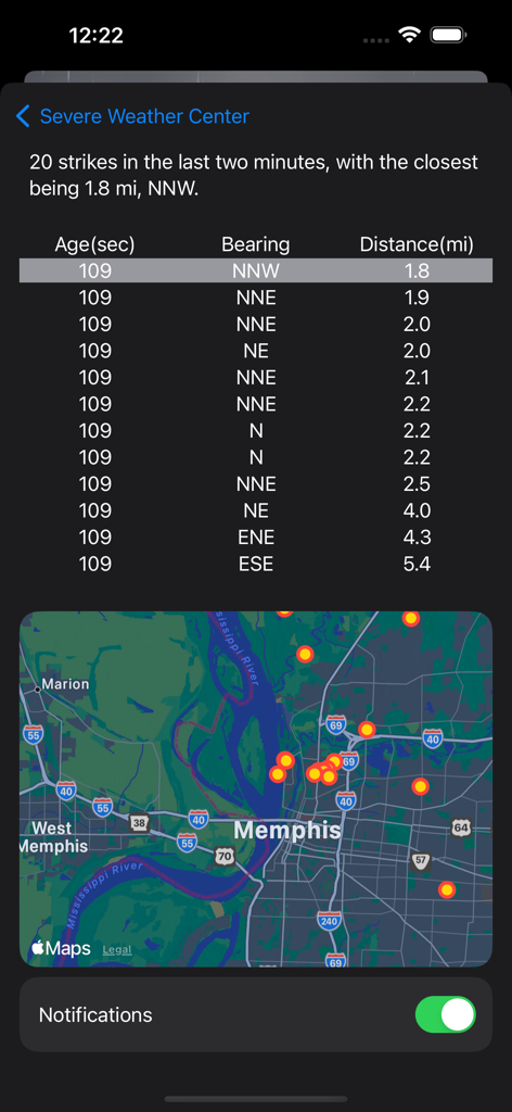 Severe weather center dashboard showing lightning strike data and a map of active strikes.