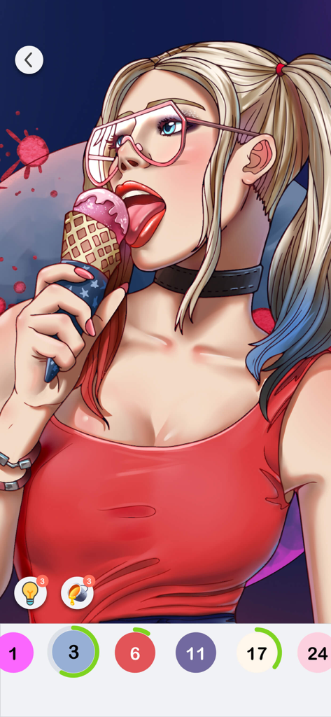 Color Fever - Color by Number - Digital coloring book interface showing a blonde girl eating ice cream with number palette below