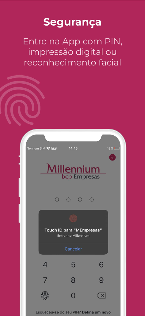 M Empresas business banking app secure login screen with Touch ID biometric authentication
