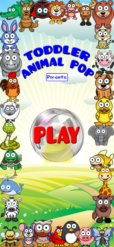 Toddler Animal Pop - Toddler Animal Popアプリのメイン画面。様々​​な漫画の動物と大きな赤い再生ボタンが表示されています。