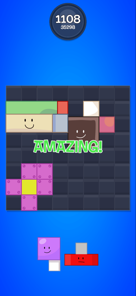 BFDI Blast mobile gameplay screen featuring character blocks on a grid with amazing text