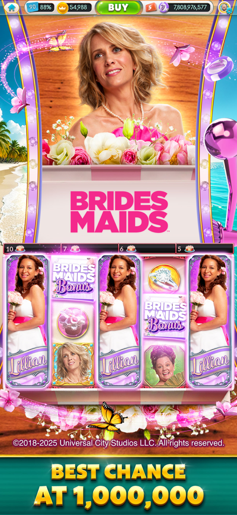 A Bridesmaids themed slot machine in the myVEGAS Slots mobile app featuring movie characters and real world rewards.