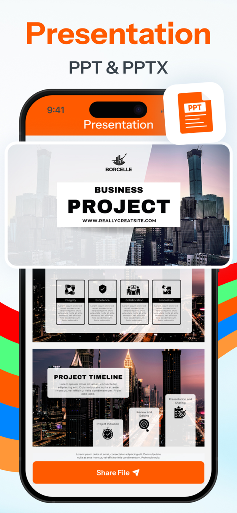 All Document Reader: PDF, Word - モバイル画面でプロフェッショナルなビジネスプレゼンテーションをPPTX形式で表示するオール ドキュメント リーダーアプリ