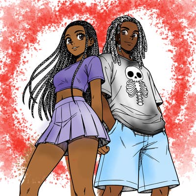 girl micro braids 5'9feet tall dark skin dark brown long hair short skirt back to back to a boy 6'1 dark skin shorts shirt with a skeleton  head on it and it is untucked and he has dreads