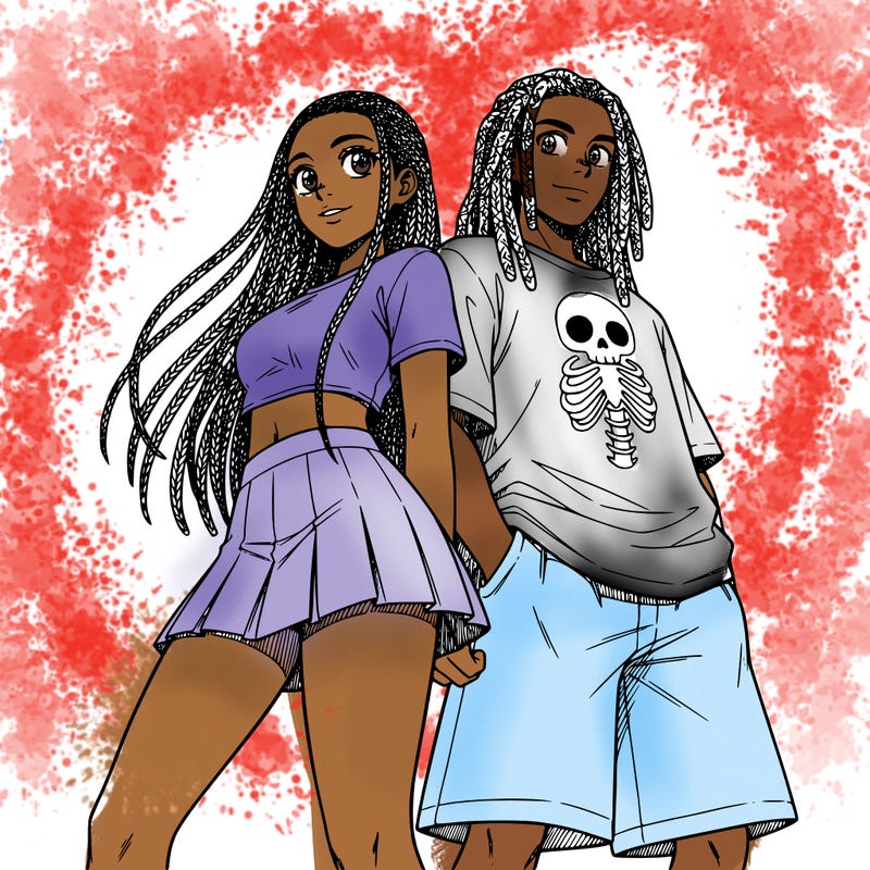 girl micro braids 5'9feet tall dark skin dark brown long hair short skirt back to back to a boy 6'1 dark skin shorts shirt with a skeleton  head on it and it is untucked and he has dreads