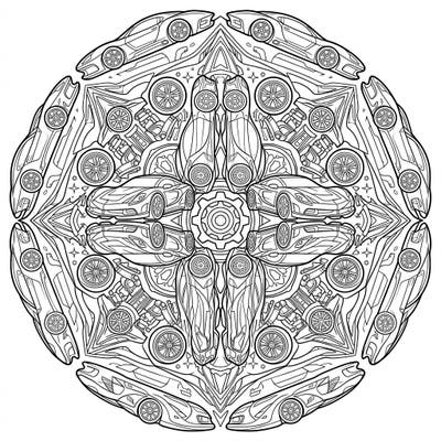 Dive into the world of automotive design with this captivating Concept Car Mandala coloring page. Experience the thrill of futuristic vehicles intertwined with intricate symmetrical patterns, ready for your artistic touch.