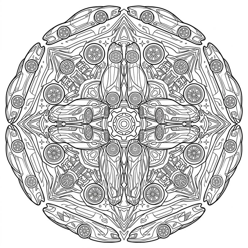 Dive into the world of automotive design with this captivating Concept Car Mandala coloring page. Experience the thrill of futuristic vehicles intertwined with intricate symmetrical patterns, ready for your artistic touch.