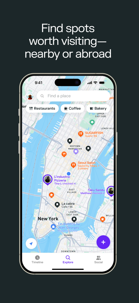 Swarm app interface showing a map of New York City with various restaurant and cafe pins