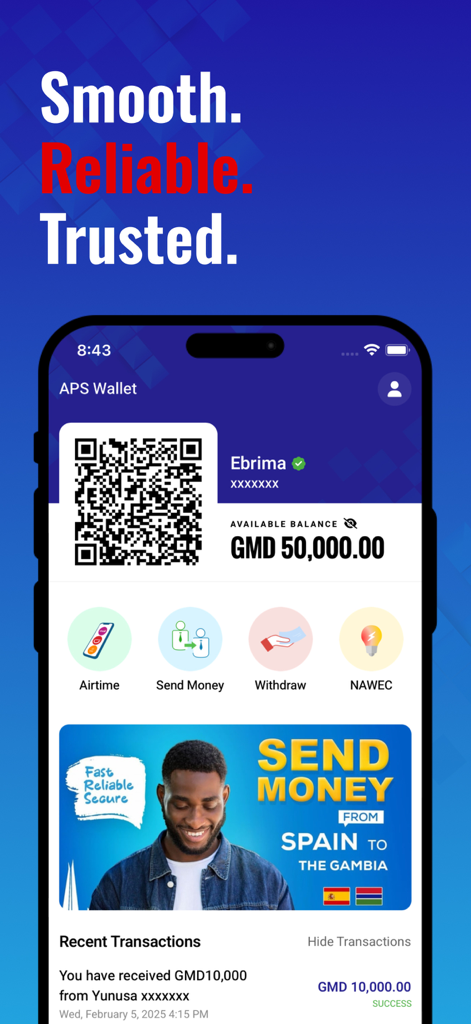 APS Wallet: Customer - APS Wallet app dashboard showing balance and money transfer options for The Gambia